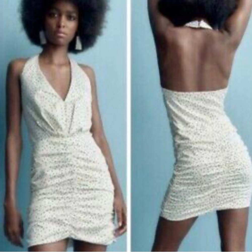 Zara White Halter Ruched Polka Dot Mini Dress